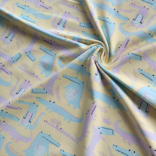 Teplákovina s elastanem krokodýli na žluté